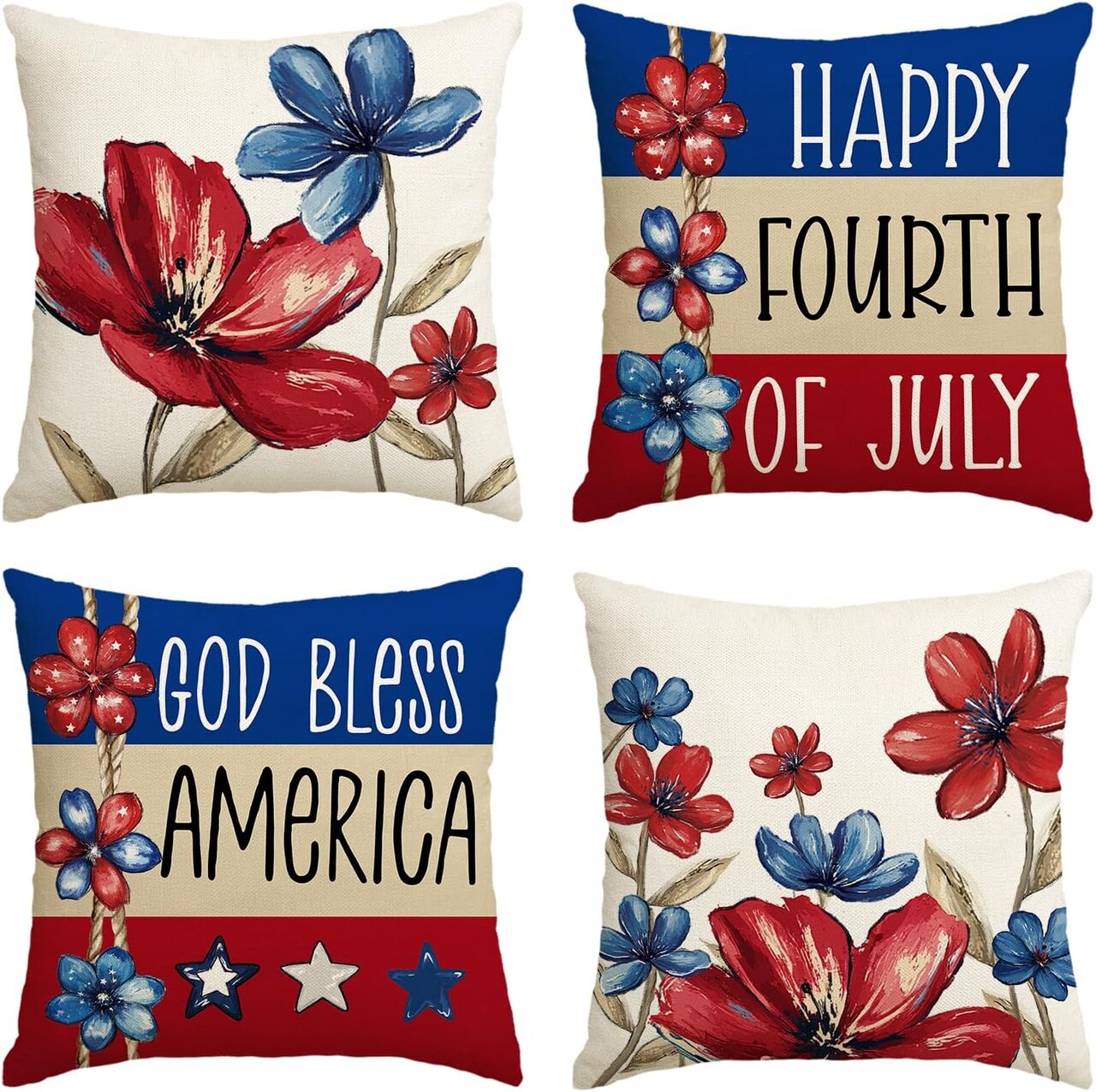 God Bless America Poppy Floral Stars Stripes Throw Pillow Covers 18 x 18